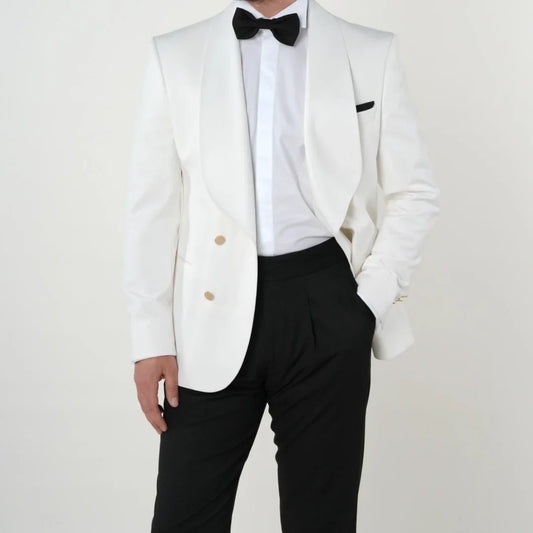 Men Suit 2 Pieces White Black With Lapel Gold Double Button For Wedding Business Banquet Party Office Daily Work Jacket Pants