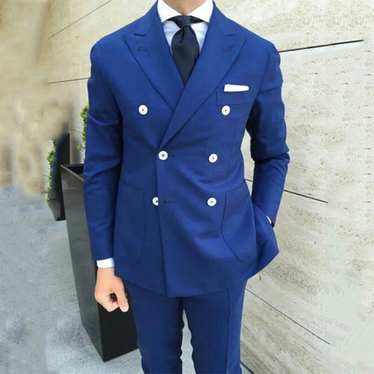 2-Piece Men's Slim Fit Double Breasted Suit – Royal Blue Formal Blazer Set for Wedding & Business