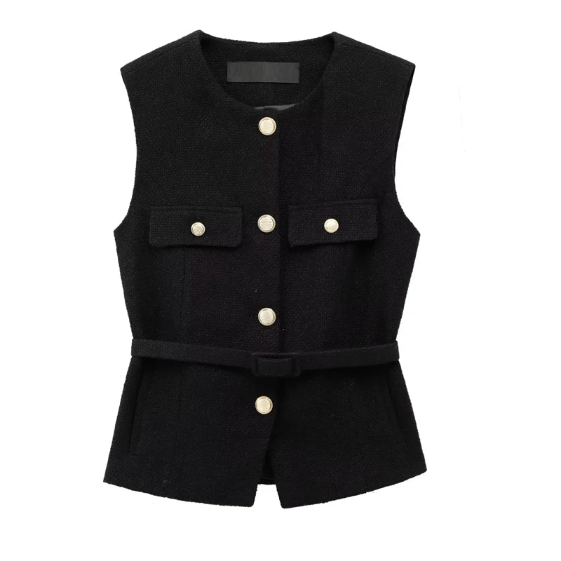 2025 Women's Vest Jackets Cropped Sleeveless Vest Woman Outerwears Belt Summer Casual Coats Black Pink Vest Button Jacket