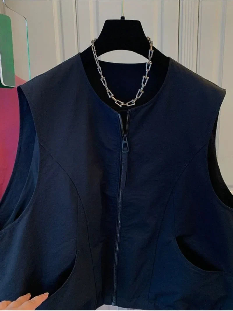Women's Vest 2026 New Solid Color Round Neck Zipper Loose Sleeveless Jacket Vest Female Casual Tops Ladies Waistcoat Outerwear