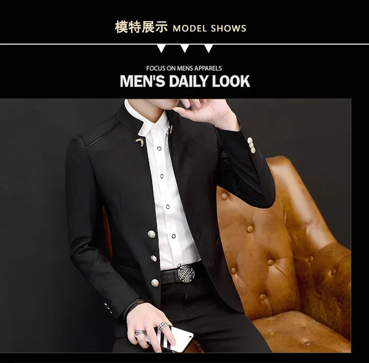 2024 Spring New Men's Stand Collar Casual Suit Jackets Youth Fashion Solid Color Stitching Three Button Mens Blazer Coats