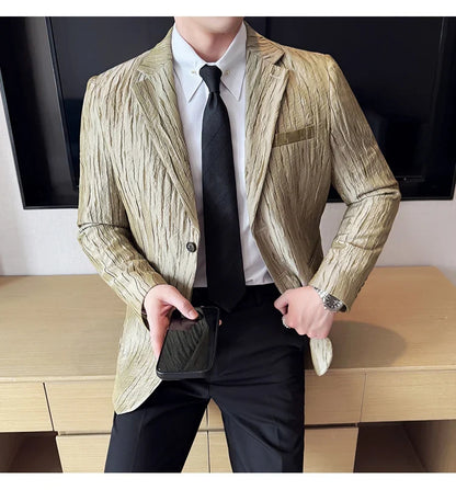 Korean Trend 3D Pleated Suit Jacket for Men Wedding Groom Business Dress Jacket Casual Banquet Party Host Blazer Masculino