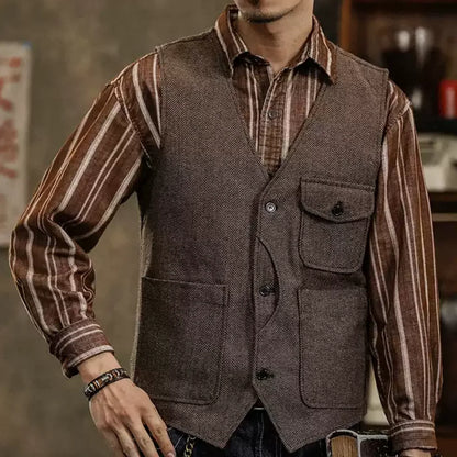 Men's Herringbone Suit Vest – Single Button Waistcoat for Wedding & Business