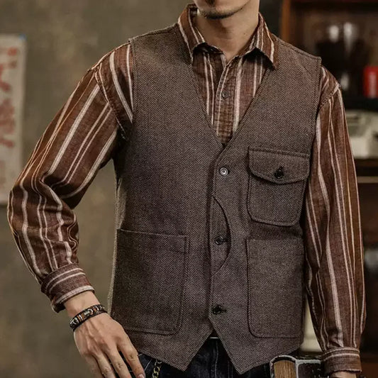 Men's Herringbone Suit Vest – Single Button Waistcoat for Wedding & Business