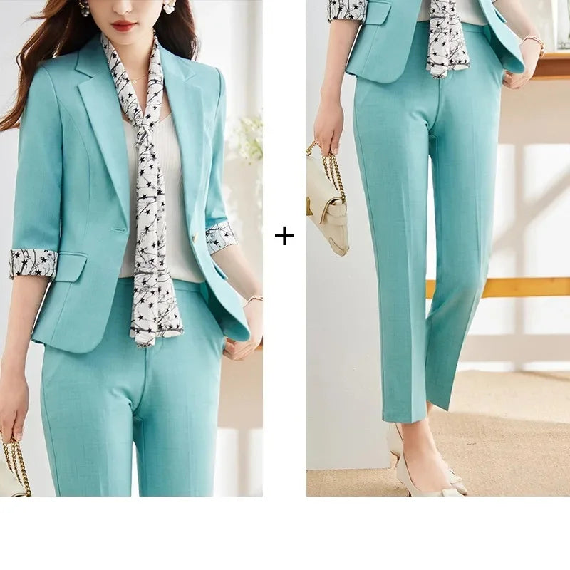 Office Lady Blazer Suits Elegant Women Tied Waist Top and Pant 2 Piece Set Outfit 2025 Trouser Female Business Work Wear