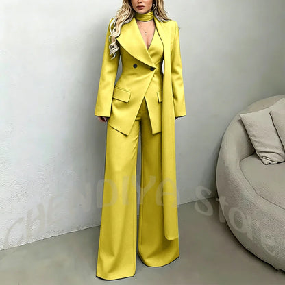 Classic Black Women Suit Set Double Breasted Asymmetrical Blazer Pants with Muffler Formal Office Elegant Two Piece Outfit