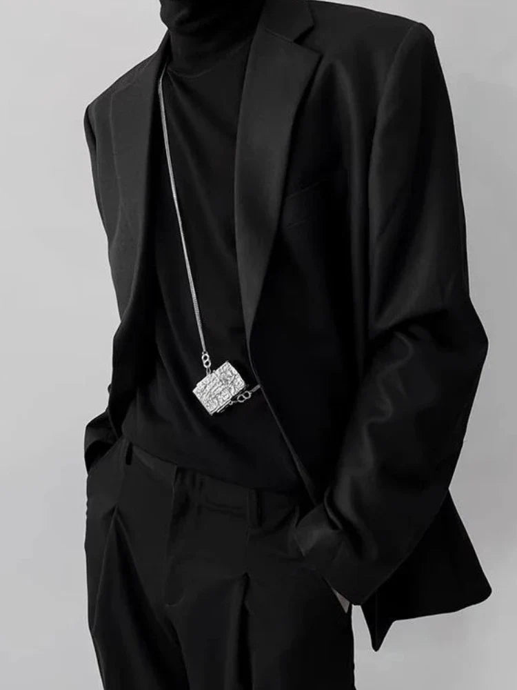 Men Minimalist Padded Shoulder Blazer Premium British Style Loose Black Suit Jacket Trendy Elegant Groom Outerwear