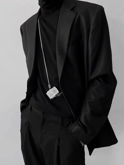 Men Minimalist Padded Shoulder Blazer Premium British Style Loose Black Suit Jacket Trendy Elegant Groom Outerwear