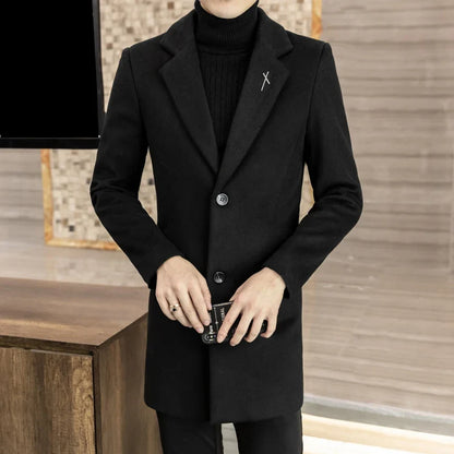 High-quality men's fashionable and stylish mid-length solid color woolen and cotton thick coat for autumn and winter