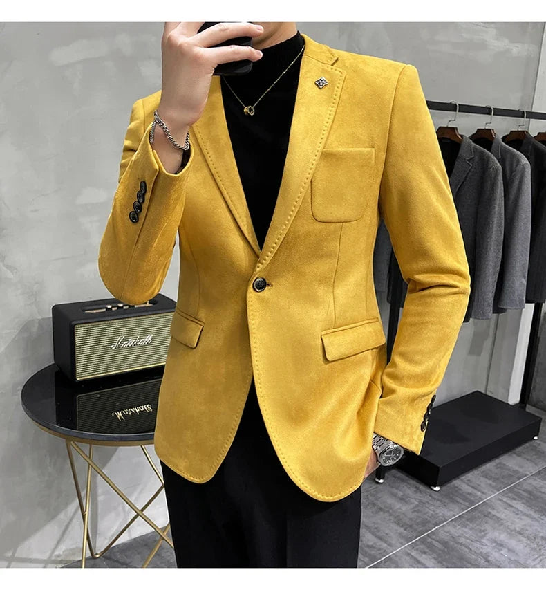 2023 Spring Suede Suit Jacket Men Casual Business Slim Fit Blazer Deerskin Leather Jacket Men Wedding Street Wear Social Coat