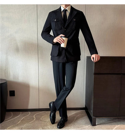 Autumn Winter Corduroy Medium Long Hunting Jacket Men's Fashion Thick Suit Jacket Casual Business Blazers Social Streetwear 2025
