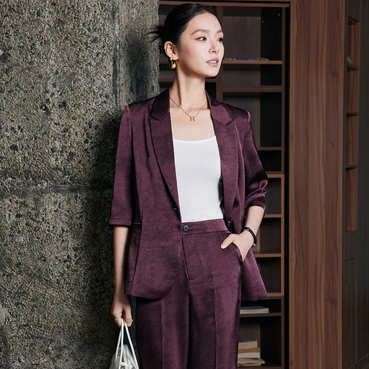 Women Wine Red Professional Suit Slim Fit Blazer And Pants Set Elegant Office Workwear High-End Fashion for Spring Summer