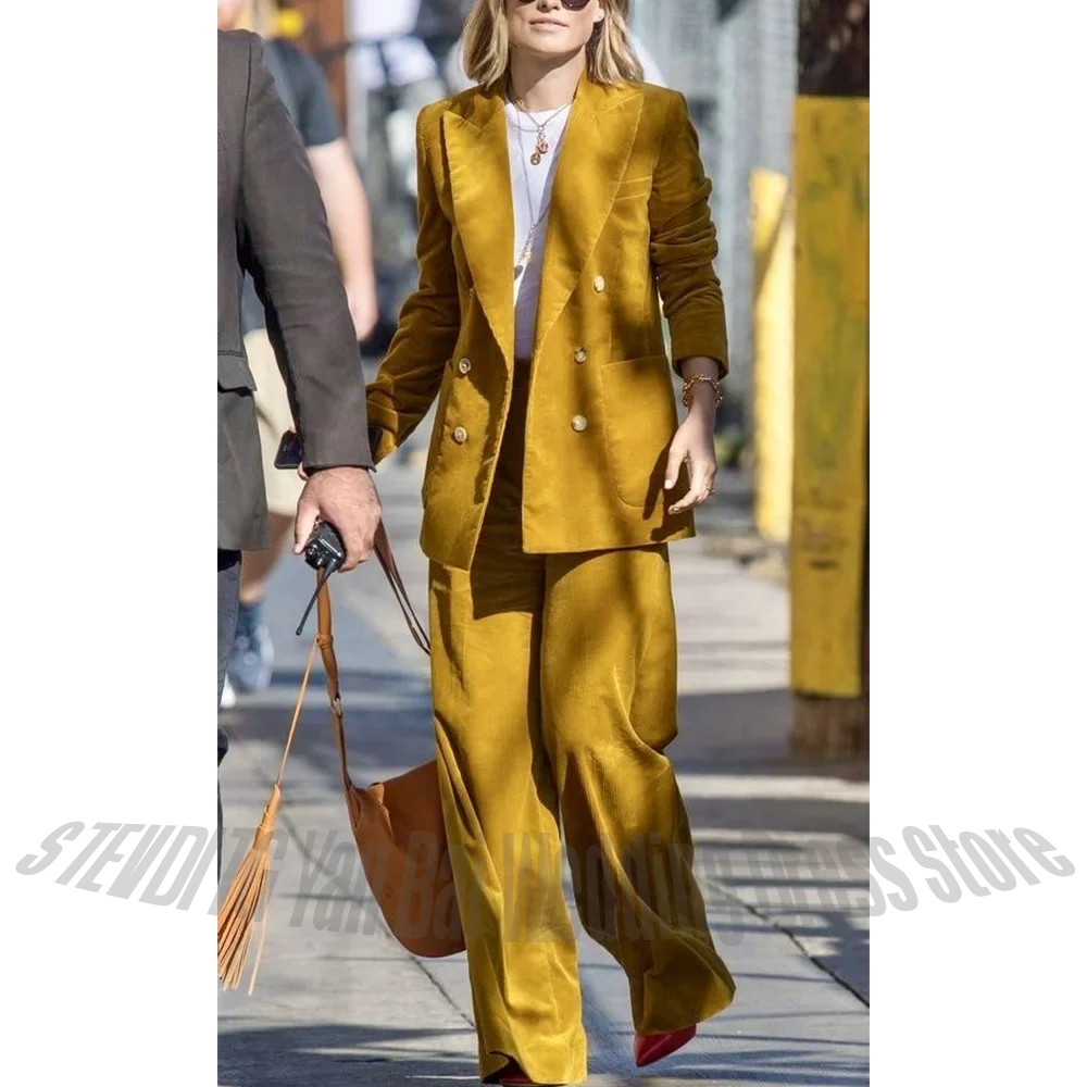 Custom Made Corduroy Women Suits Social Set 2 Pieces Peaked Lapel Blazer Pants Straight Double Breasted Daily Casual Outfit