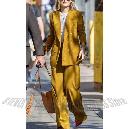 Custom Made Corduroy Women Suits Social Set 2 Pieces Peaked Lapel Blazer Pants Straight Double Breasted Daily Casual Outfit