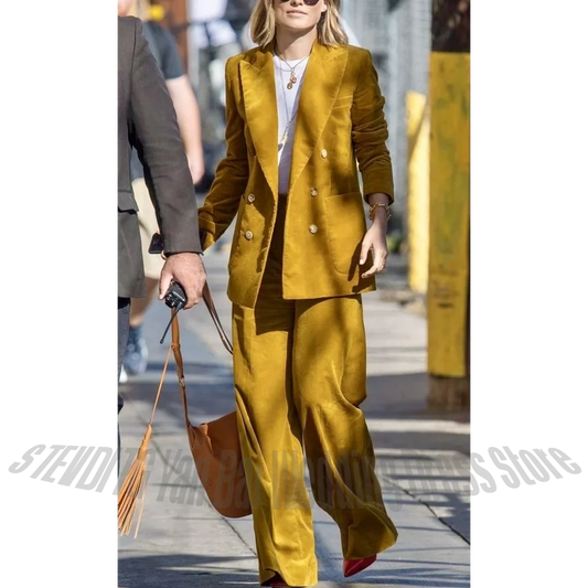 Custom Made Corduroy Women Suits Social Set 2 Pieces Peaked Lapel Blazer Pants Straight Double Breasted Daily Casual Outfit