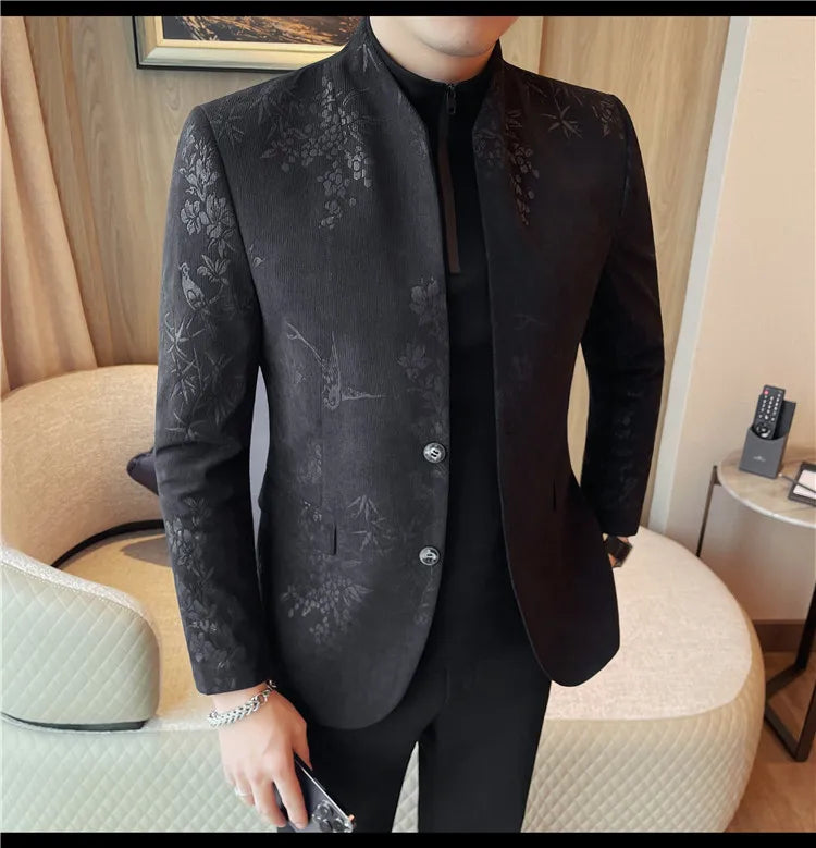 2025 Spring Trendy Jacquard Suit Jacket Men Stand Up Collar Casual Blazers Slim Wedding Business Streetwear Social Dress Coats