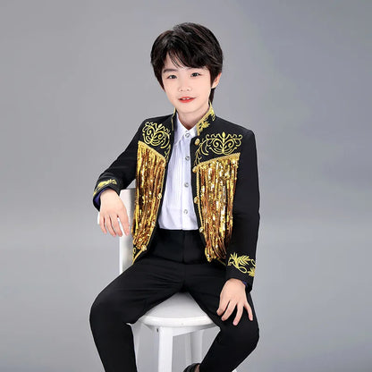 Boys Sequenant 2 Pieces/Set Jacket Pants Embroidery Paino Host Performance Dress Kids Stage Show Photography Suit Children's Set