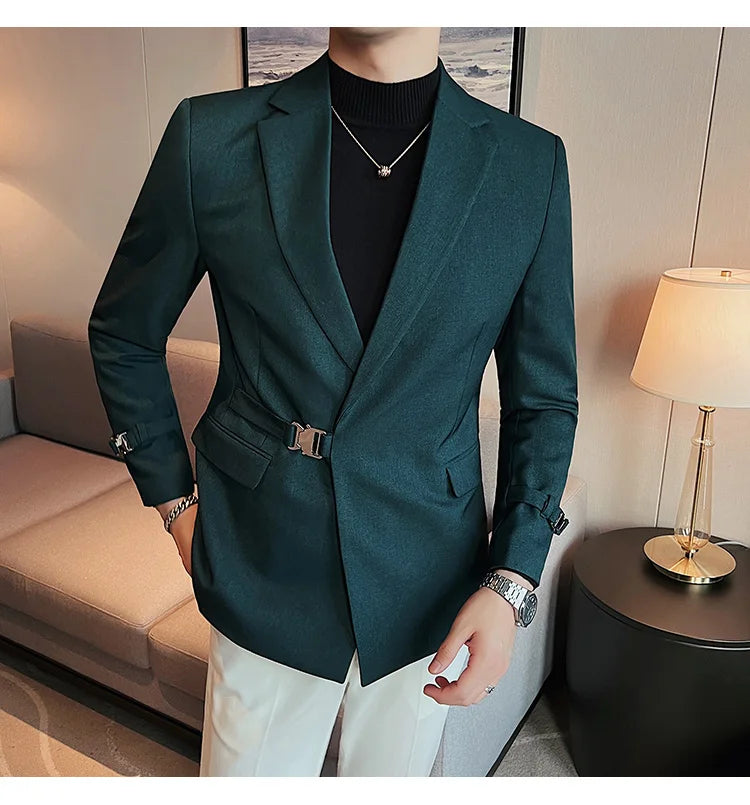 Men's Slim Fit Blazer Metal Buckle Decoration Smart Casual Wedding Party Jacket