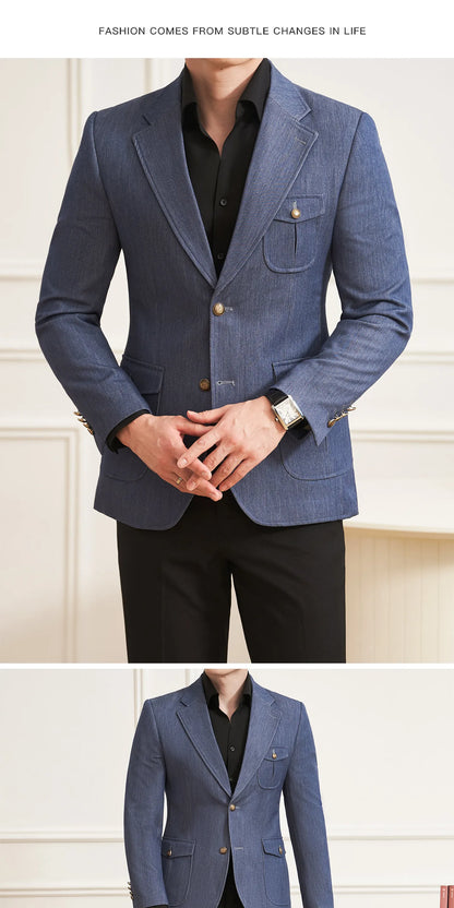High Quality Men's Denim Style Suit Jacket Vintage Luxury Slim Fit Business Fashion Casual Suit Coat Formal Wedding Tuxedos