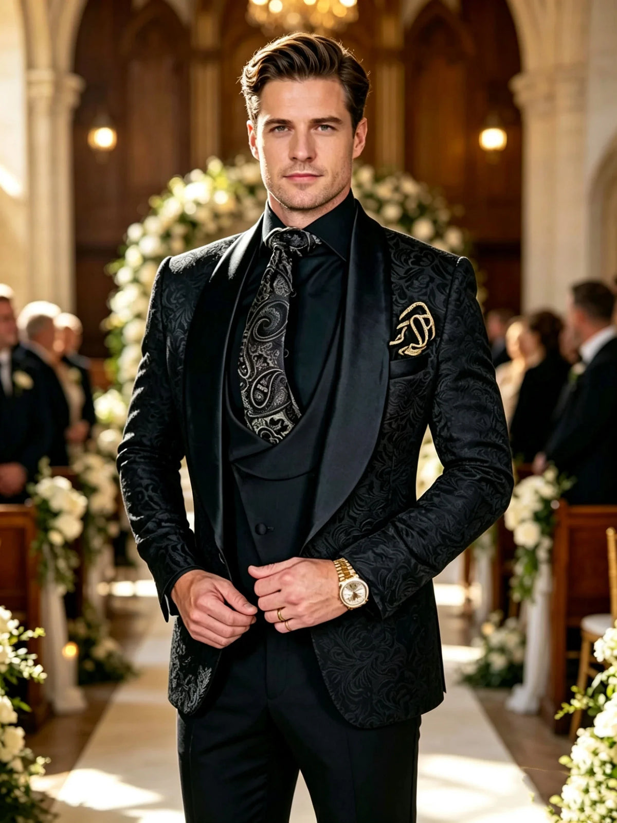 Black Jacqaurd 3 Piece Men's Business Tuxedo Suit Set Classic Formal Shawl Lapel Blazer Vest Pants Outfit for Wedding Party Prom