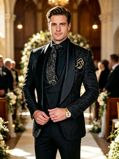 Black Jacqaurd 3 Piece Men's Business Tuxedo Suit Set Classic Formal Shawl Lapel Blazer Vest Pants Outfit for Wedding Party Prom