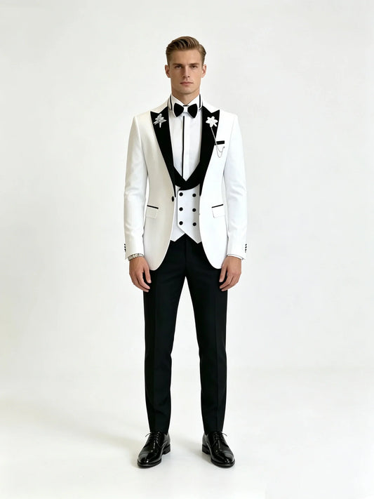 White Slim Fit Men's Suit 3-Piece Set Formal Business Office Casual Wedding Groom Tuxedo Party Peak Lapel Jacket Pants Vest