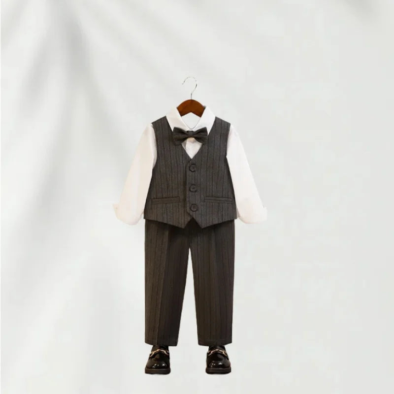 Kids Striped Birthday Party Outfit Boys Wedding Suit Set Childre's Jacket Vest Pants Bowtie Brooch 5Pieces Winter Clothing Set