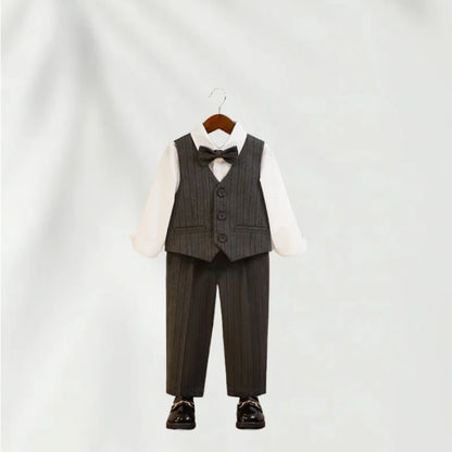 Kids Striped Birthday Party Outfit Boys Wedding Suit Set Childre's Jacket Vest Pants Bowtie Brooch 5Pieces Winter Clothing Set
