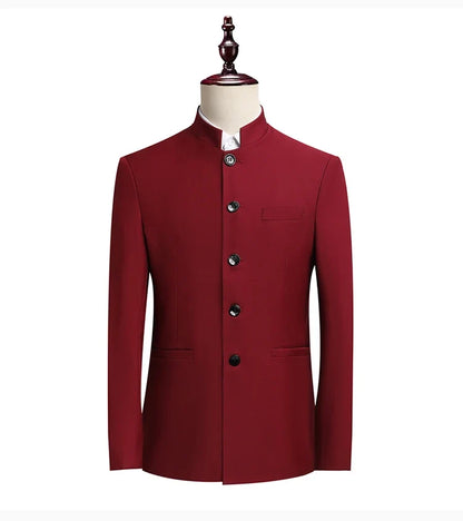 Men's Smart Casual Suit Set – Mao Collar Slim Fit Blazer and Pants for Weddings and Business