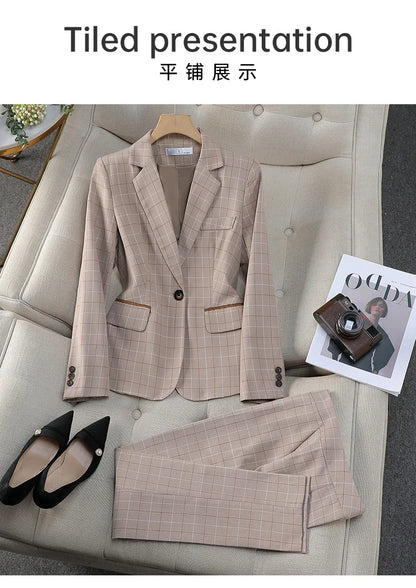 Apricot Plaid Pant Suits for Women Blazer British Style Capable Fashionable High-end Professional Clothing OL Clothes Suit Pants