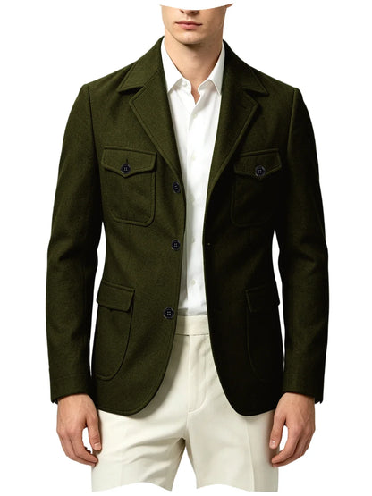 Men's Wool Blazer Notched Lapel Slim Fit 3 Buttons Suit Jacket Multi Pockets Casual Business Autumn Winter Dress Coat Daily Wear