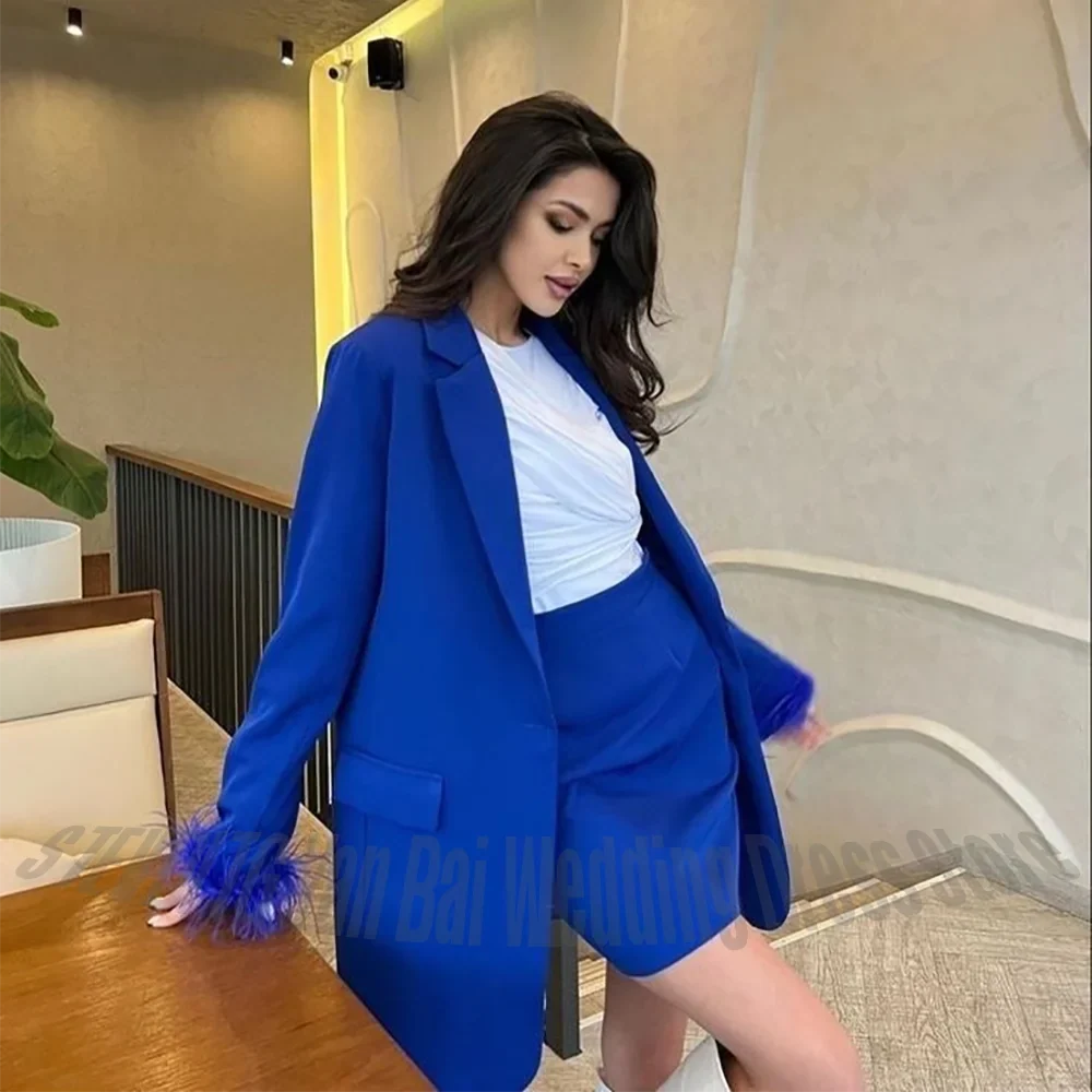 Royal Blue Women Suit 2 Pieces Feather Trim Oversized Notched Lapel Blazer Short Skirt Club Night Casual Party Costume Femme