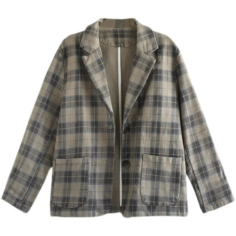 Fashion Chic Cotton Plaid Blazer Female Spring and Autumn New Literary Retro Elegant Commuter Small Incense Wind Jacket Women