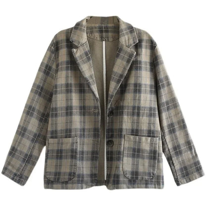 Fashion Chic Cotton Plaid Blazer Female Spring and Autumn New Literary Retro Elegant Commuter Small Incense Wind Jacket Women