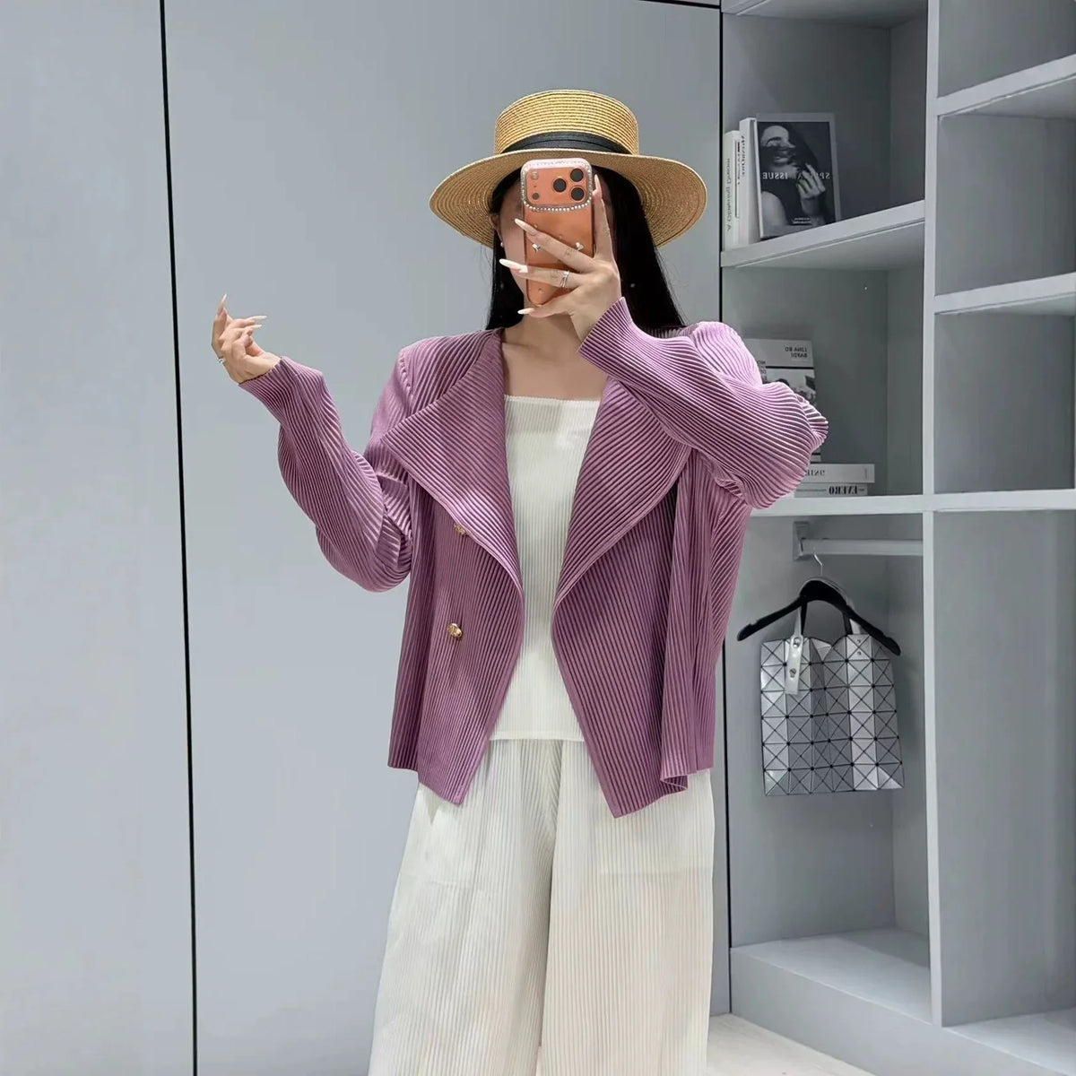Style Pleated Blazer  in Spring and Autumn Irregular Design Large Lapel Cardigan Temperament Versatile Pleated Top