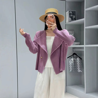 Style Pleated Blazer  in Spring and Autumn Irregular Design Large Lapel Cardigan Temperament Versatile Pleated Top