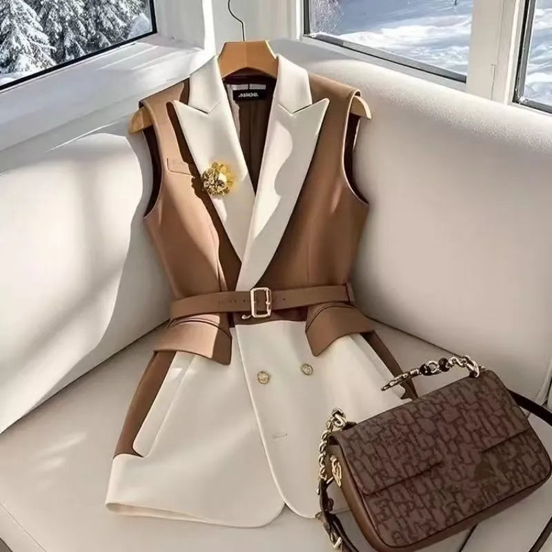 Spring Autumn 2026 New Blazer Sleeveless Vest Women Slim Korean Coat Vest Chic High Street Office Lady Patchwork Waistcoat