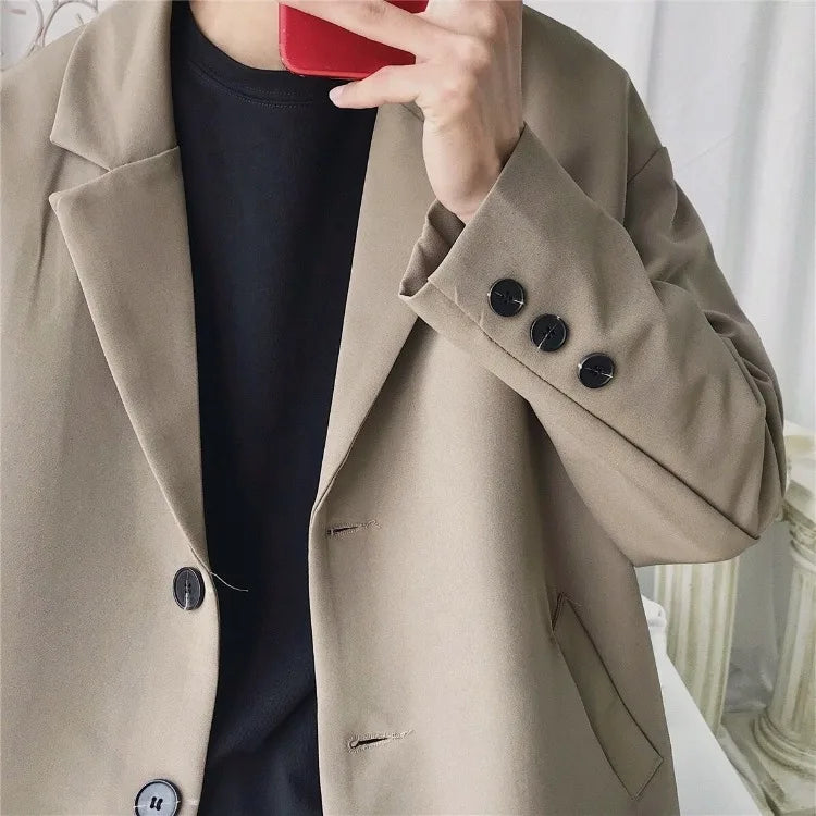 Men Spring Autumn Casual Blazer Set INS Korean Style Trendy Hong Kong Vibe Handsome Suit Jacket Outerwear