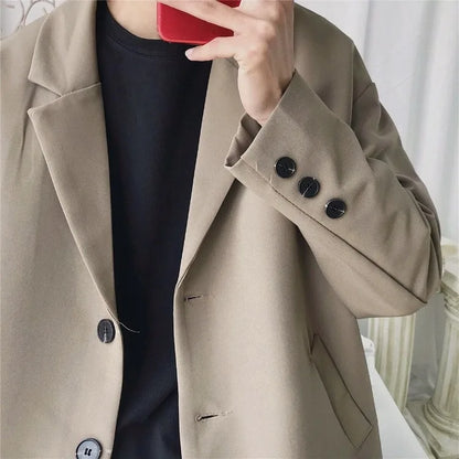Men Spring Autumn Casual Blazer Set INS Korean Style Trendy Hong Kong Vibe Handsome Suit Jacket Outerwear