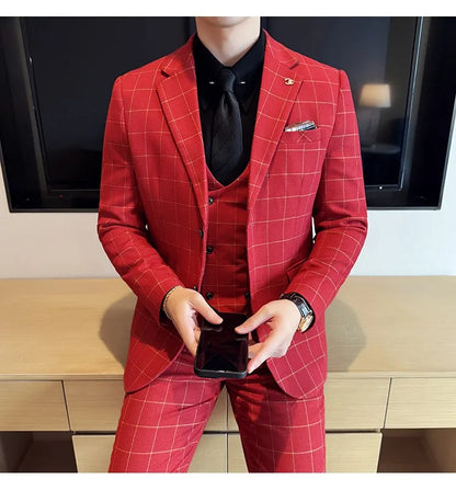 Men's 3-Piece Slim Fit Plaid Suit – Jacket, Vest & Pants for Weddings, Office & Formal Occasions