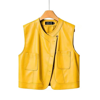 Pu Leather Vest Women Short Sleeveless Jacket 2026 Autumn New Solid Single-breasted Female Imitation Leather Waistcoat Outerwear