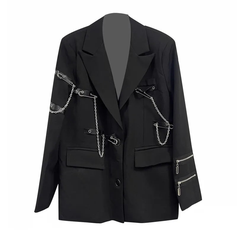 Fashion Chain Pin Design Women Blazers Black Suit Jacket Loose Fit Classic Shoulder Padded Coat Lapel Autumn Banquet Outerwear