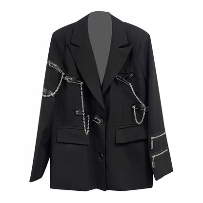 Fashion Chain Pin Design Women Blazers Black Suit Jacket Loose Fit Classic Shoulder Padded Coat Lapel Autumn Banquet Outerwear