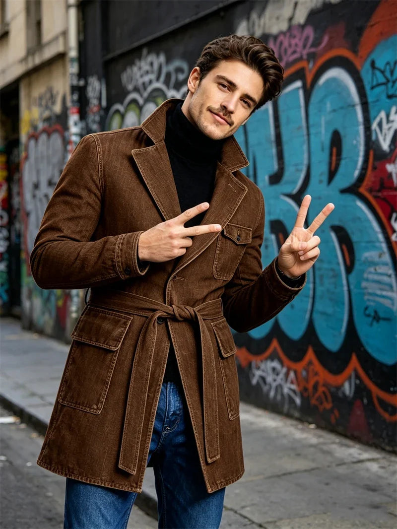 Men's Vintage Mid Length Belted Denim Trench Coat Notched Lapel Casual Workwear Outerwear Stylish Daily Streetwear Jacket