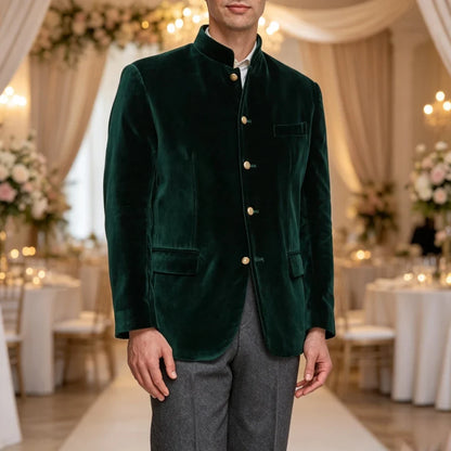 Single Breasted Velvet Suit Jacket Men with Stand Collar 1 Piece Fashion Blazer for Wedding Prom Formal Gentleman Suit Wear