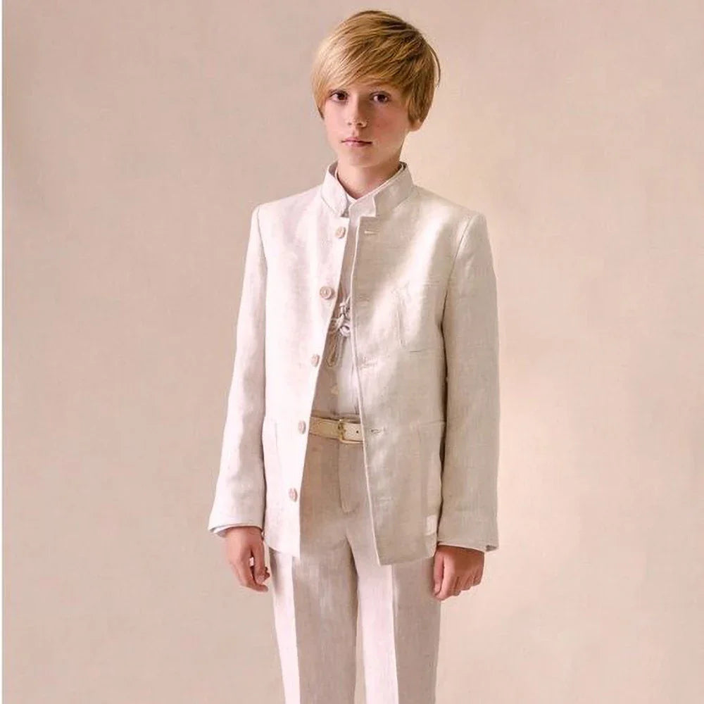 Chic Linen Boy Suits Fashion Stand Collar Single Breasted Blazer with Pants Formal Wedding Tuxedo Daily Casual Kids Clothes