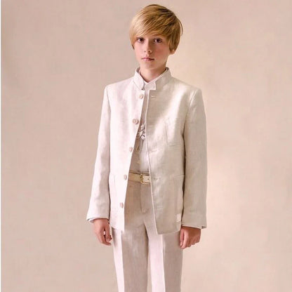 Chic Linen Boy Suits Fashion Stand Collar Single Breasted Blazer with Pants Formal Wedding Tuxedo Daily Casual Kids Clothes