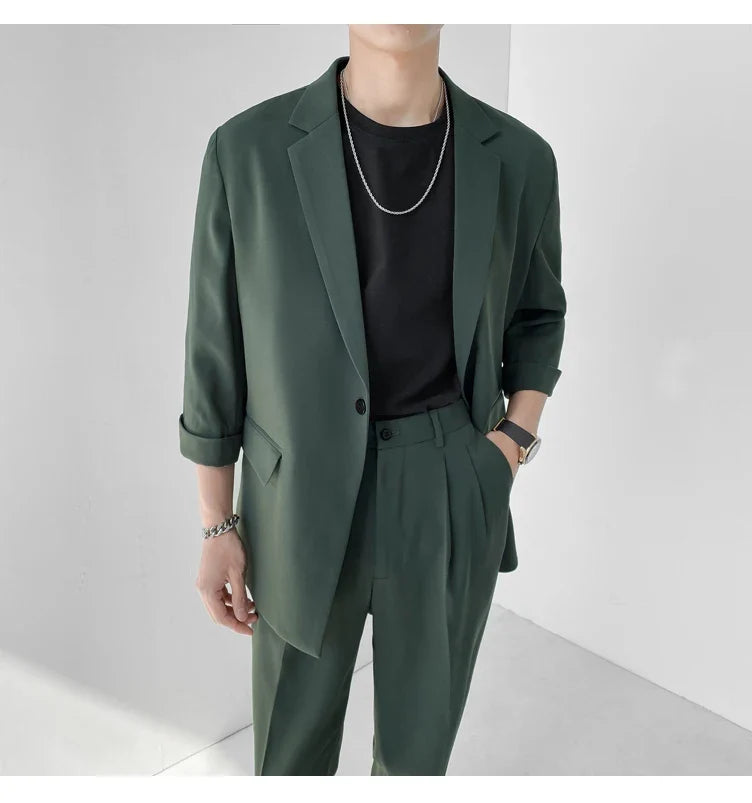 2022 Fashion Summer 2-piece Set Solid Color Single-breasted Casual Simple Student Wear Homme Loose Suits Wear (Blazers + Pants)
