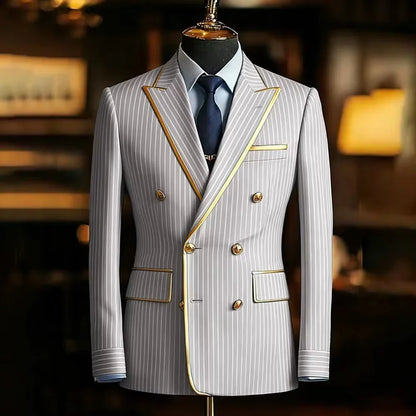 Pinstripe Double Breasted Peak Lapel Mens Suit Jacket Business Slim Fit Gold Trim Striped Coat Formal Wedding Prom Banquet Party
