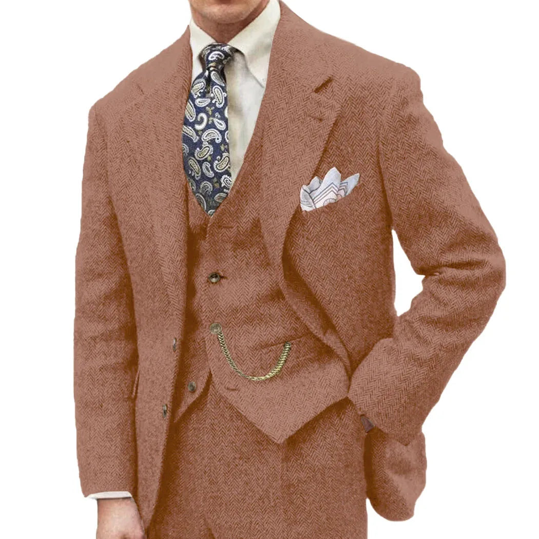 3 Piece Grey/Brown Mens Tweed Herringbone Wedding Suit Prom Tuxedos Peak Lapel Tweed for Business Slim Fit (Blazer+Vest+Pants)